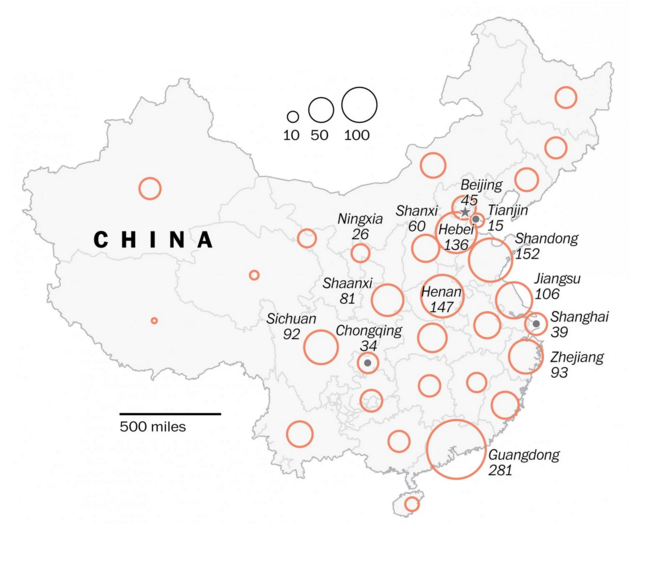 Strajki pracownicze w Chinach od sierpnia 2015 r. i ich wielkość. (Źródło: China Labor Bulletin).