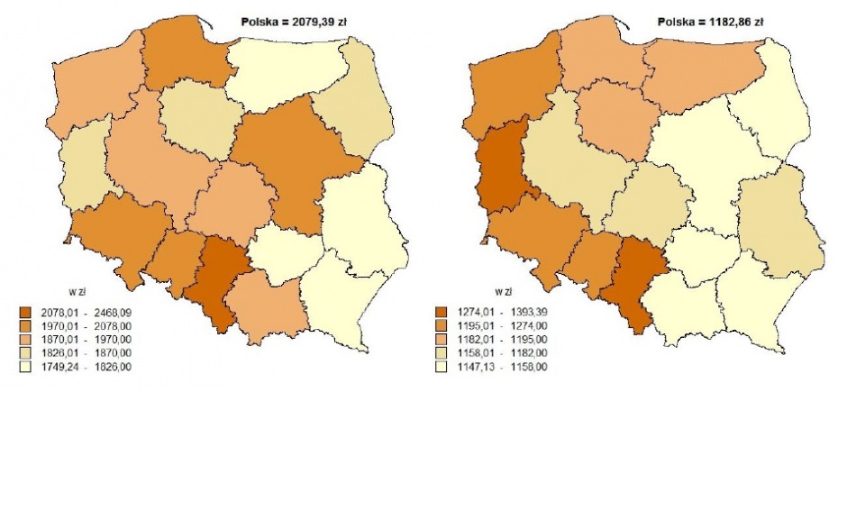 Przeciętna miesięczna emerytura i renta brutto w I półroczu 2016 r. z pozarolniczego systemu ubezpieczeń społecznych (mapka z lewej) i rolników indywidualnych