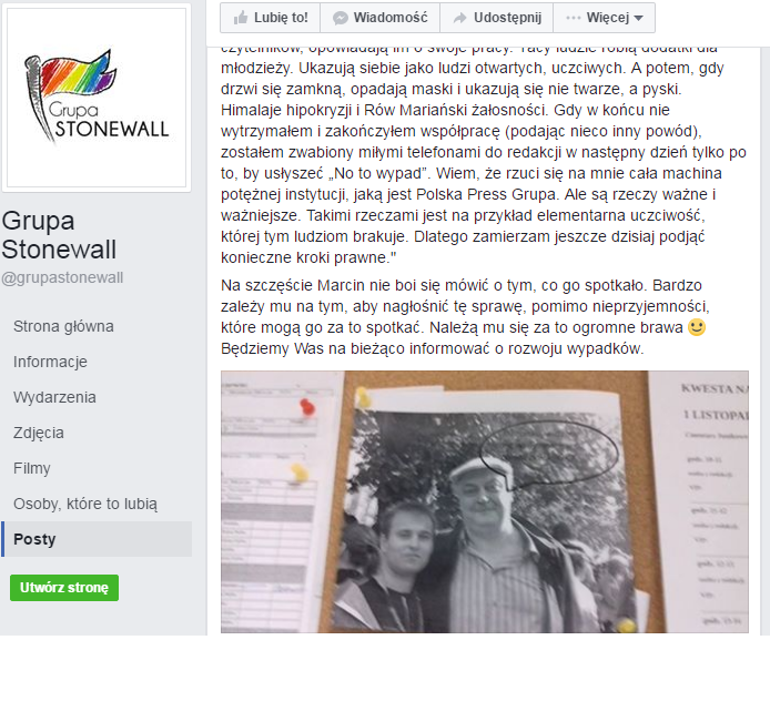 Zrzut wiadomości przesłanej do Grupy Stonewall. (Źródło: Facebook)