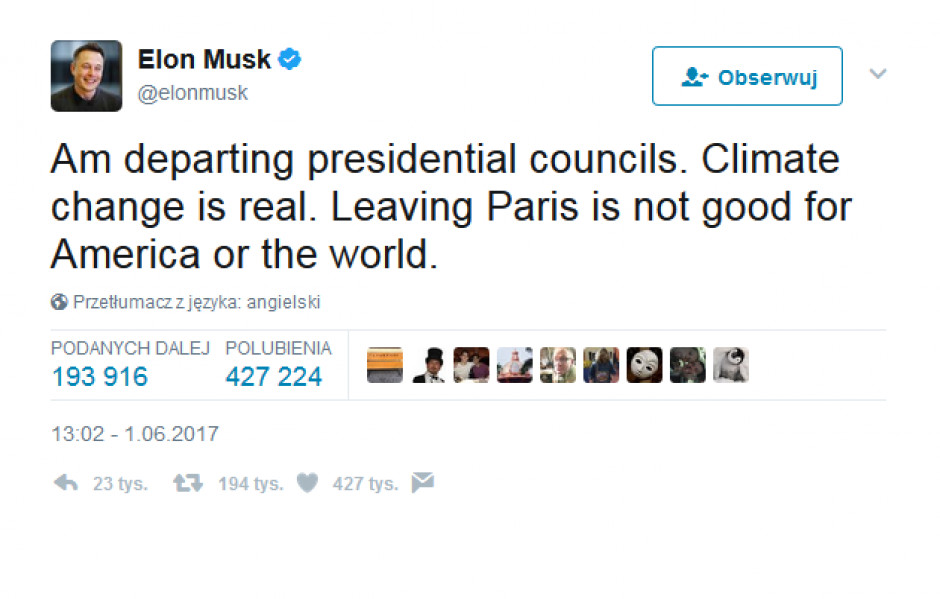 Musk napisał na Twitterze: Odchodzę z rady prezydenckiej, bo ocieplenie klimatu to fakt. Wypowiedzenie umowy jest złe dla Ameryki i dla świata, źródło: twitter.com/elonmusk
