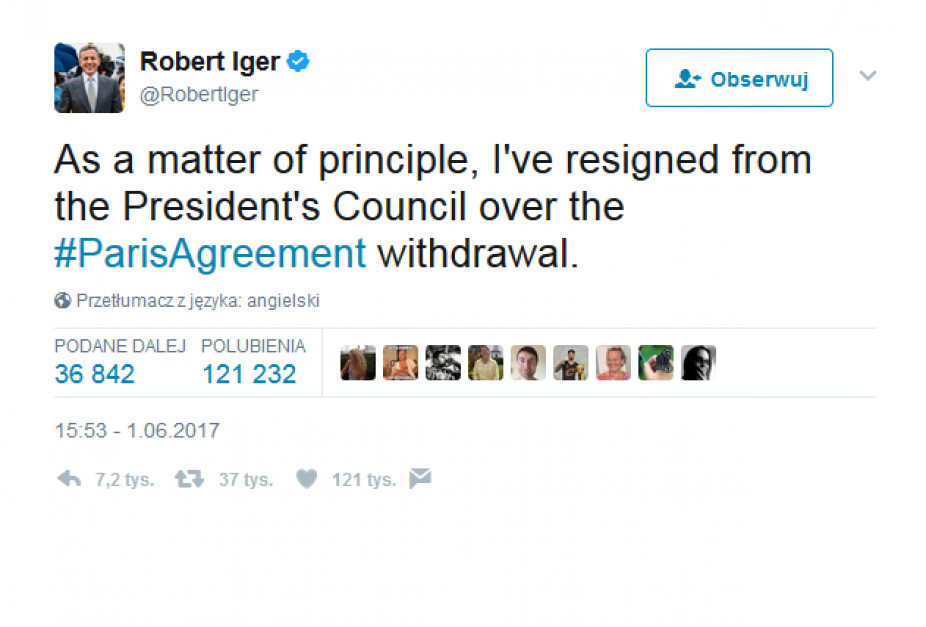 Iger stwierdził po ogłoszeniu swojej decyzji w mediach społecznościowych, że to kwestia zasad. źródło: twitter.com/RobertIger