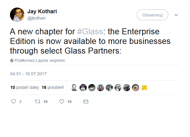 Wpis Jaya Kothariego o Google Glass: Nowy rozdział dla Glass. Edycja dla firm okularów jest teraz dostępna dla większej ilości naszych partnerów, źródło: twitter.com/jkothari