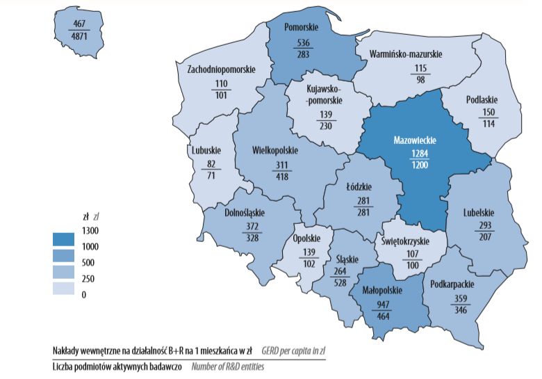Nakłady wewnętrzne na działalność B+R na 1 mieszkańca według województw w 2016 r. (ilustracja - mat. GUS)