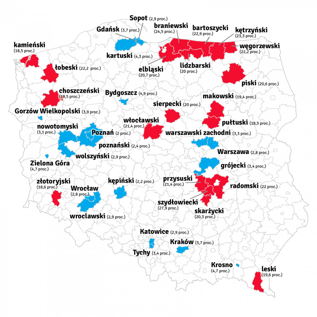 Mapa bezrobocia w Polsce, powiaty Gdzie jest największe