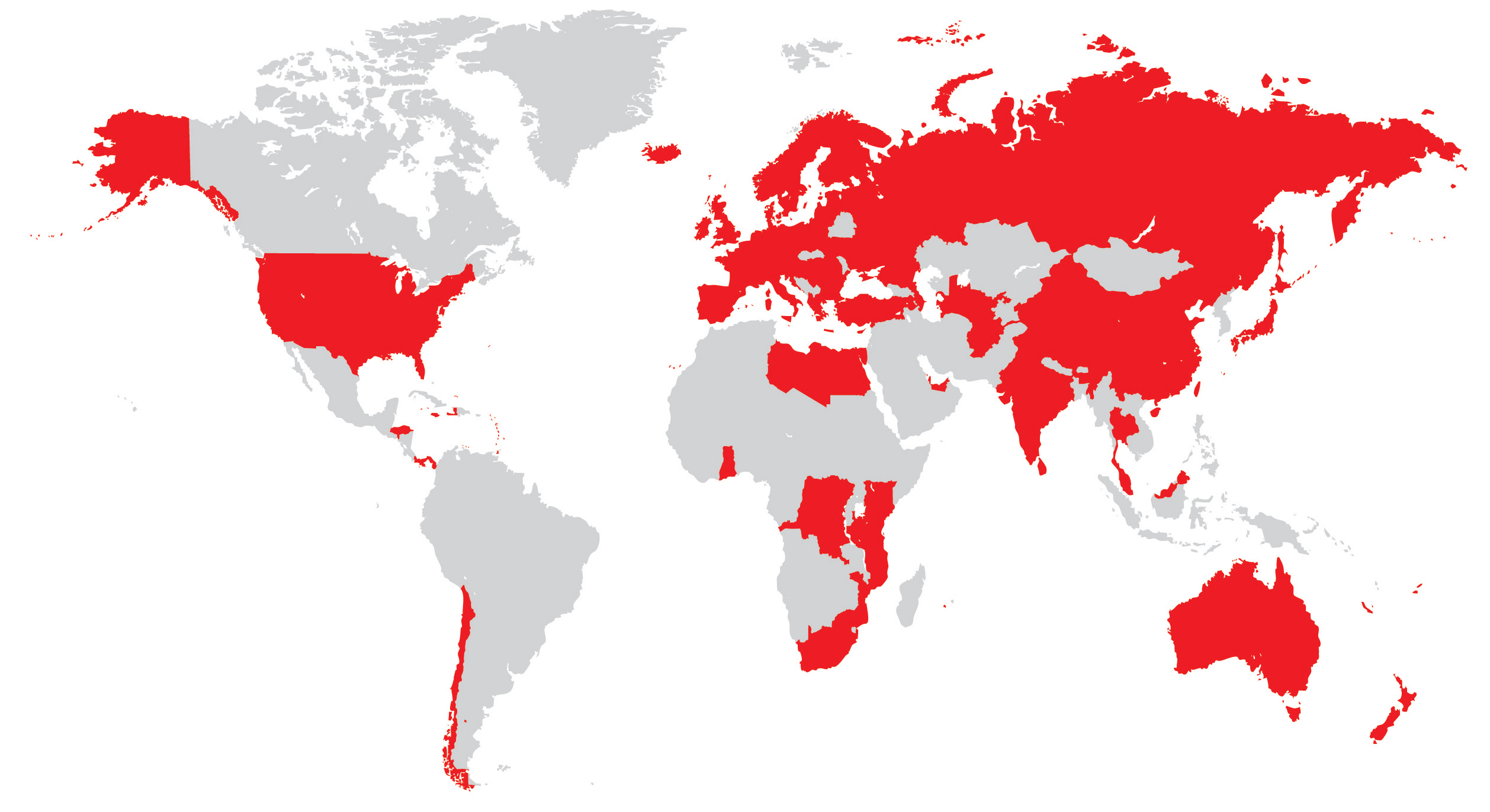 Kraje świata, w których obecne jest Vodafone zaznaczono na czerwono. (fot. wikimedia.org/CC BY-SA 3.0)