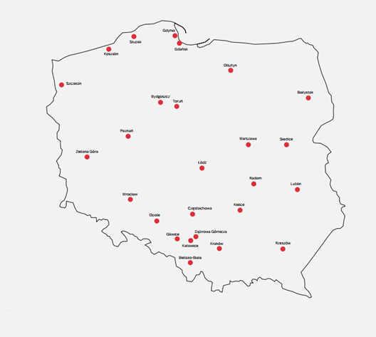Mapa zawiera zaznaczone miasta należące do zestawienia Top 26 Akademickości, który przygotował PIE. (źródła: PIE/opracowanie własne/materiały prasowe)