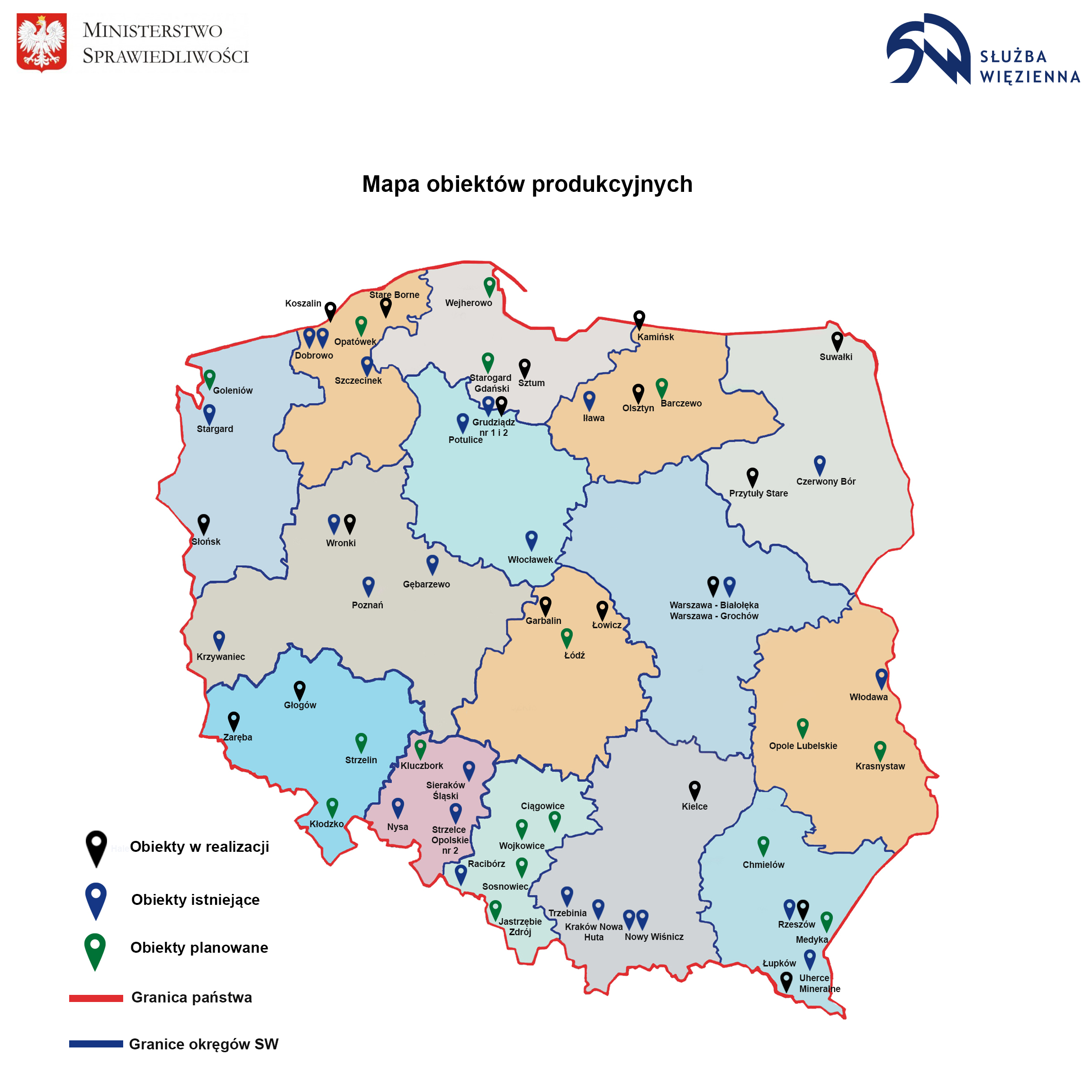 Praca Więźniów. Mapa planowanych realizacji hal produkcyjnych na 7 lat (fot. sw.gov.pl)