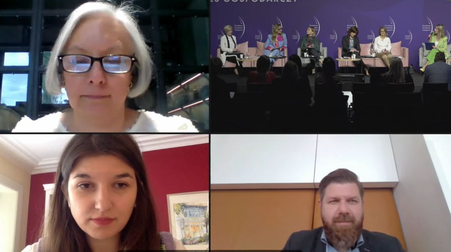 Na zdjęciu w lewym górnym rogu: Leonor Stjepic, CEO Montessori Group na dole od lewej: Sofiia Shevchuk, niezależny badacz, analityk, kierownik projektu z zakresu dyplomacji, polityki zagranicznej i bezpieczeństwa oraz Daniel Kaddik, dyrektor wykonawczy Europejskiego Forum Liberalnego (ELF) (Fot. PTWP)