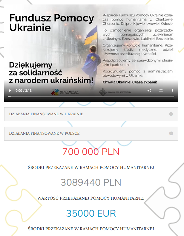 - Każda z firm członkowskich na własny rachunek podejmowała różnego rodzaju inicjatywy, czy to po polskiej stronie przyjmując Ukraińców, czy udzielając pomocy swoim partnerskim firmom, czy wprost przekazując określone materiały, dary, sprzęt, żywność stronie ukraińskiej - mówi Jacek Piechota. Grafika: screen PUIG
