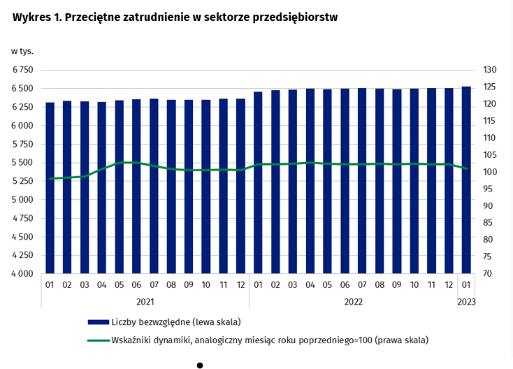 Grafika: raport GUS - Przeciętne zatrudnienie i wynagrodzenie w sektorze przedsiębiorstw w styczniu 2023 roku