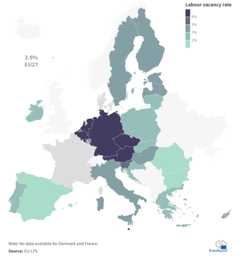 Niedobory siły roboczej w państwach członkowskich UE, mierzone według wskaźników wakatów, III kwartał 2022 r. źródło: Eurofound