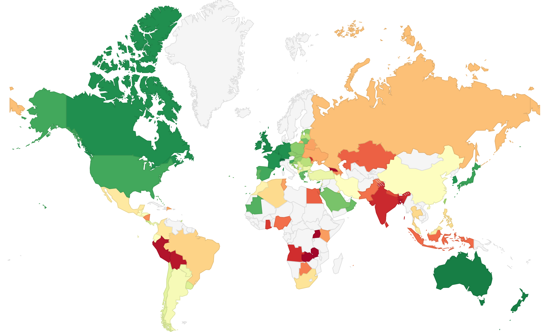 Kraje zaznaczone kolorem mają wprowadzoną płacę minimalną - ciemnozielony kolor oznacza najwyższą kwotę, ciemnoczerwony najniższą (źródło: countryeconomy.com)