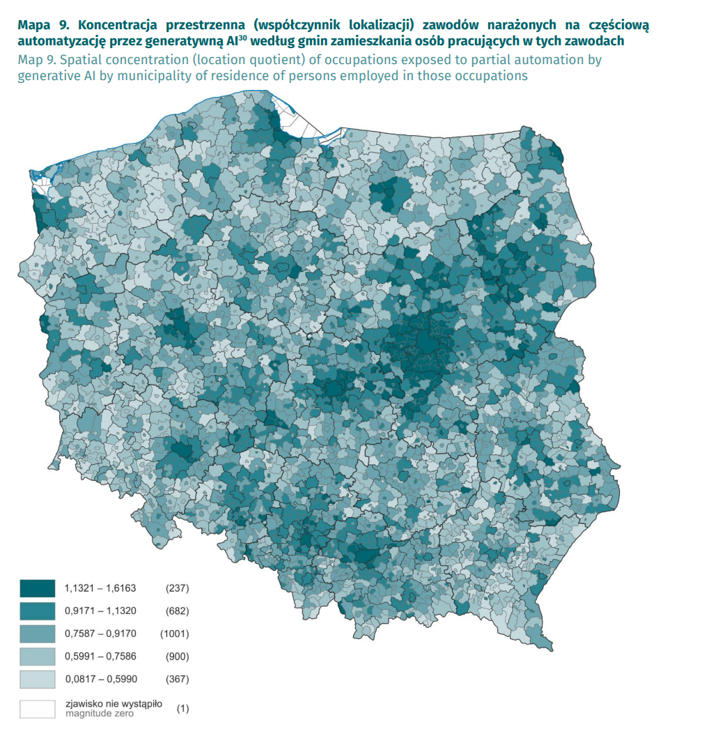 Koncentracja przestrzenna (współczynnik lokalizacji) zawodów narażonych na częściową automatyzację przez generatywną AI według gmin zamieszkania osób pracujących w tych zawodach  Fot. Materiały prasowe / GUS