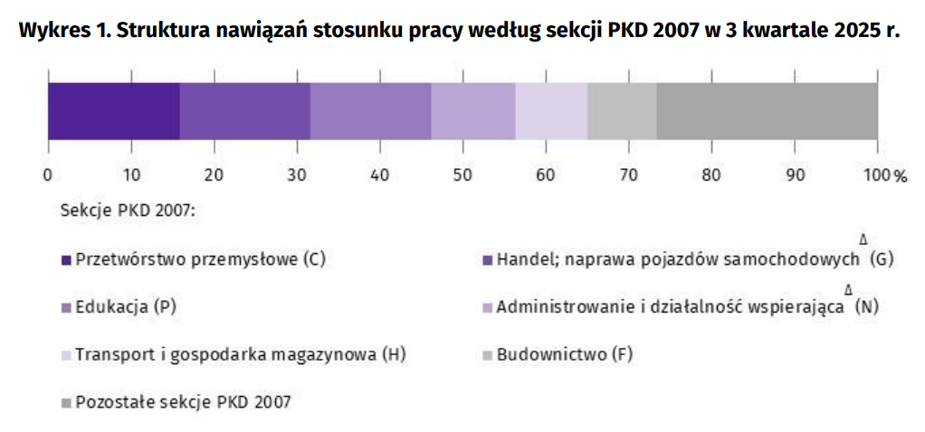Struktura nawiązań stosunku pracy według sekcji PKD 2007 w 3 kwartale 2025 r. Fot. Materiały prasowe / GUS